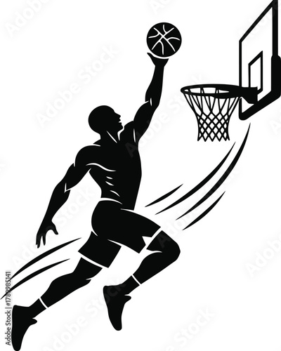 Basketball player silhouette performing a mid-air dunk