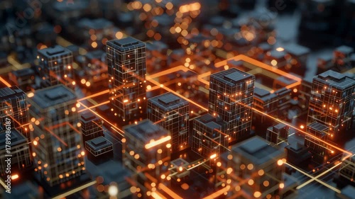 A cityscape with many buildings lit up in the dark. Macro shot minimal futuristic tiny city blocks with glowing real time risk control lattice overlay, digital city ecosystem