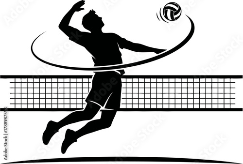 Volleyball player silhouette spiking ball over net