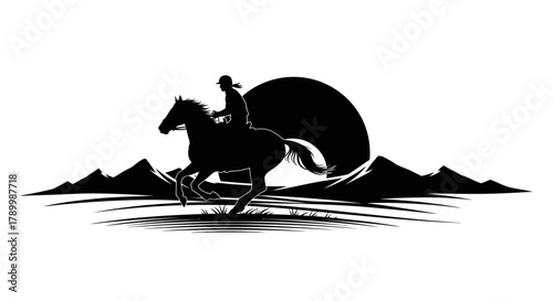 Equestrian Silhouette: A silhouette of a rider astride a majestic horse gallops gracefully towards the setting sun. Evoking a sense of freedom, adventure.