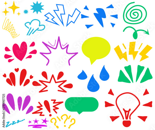 Comic doodle expression. Cartoon manga effect, speech bubble, lightning arrow, lightbulb idea, love and shock, angry emoji expressive symbol. Spiral, tears and stars. Vector idea light bulb idea