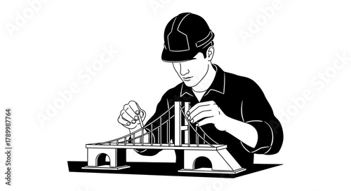 Engineer's Blueprint: An engineer meticulously crafts a miniature bridge model, embodying precision and skill in the realm of architectural design and engineering.