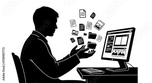 Data Flow Silhouetted: A silhouette portrays an individual immersed in a digital realm, files floating like ideas, connected to a computer screen in a dynamic exchange of data. 