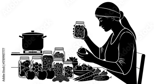 Homemade Preserves: A Silhouette of dedication and craftsmanship, a woman meticulously examines the colorful bounty of her homemade preserves, a symbol of heritage and culinary expertise.