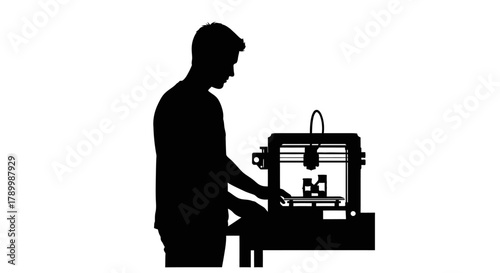 3D Printing Innovation: Silhouette of a person working with a 3D printer, showcasing the cutting-edge technology and its creative potential.