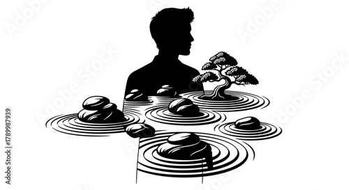 Inner Peace in Silhouette: A serene silhouette of a person emerges from a meticulously crafted zen garden. The image evokes feelings of contemplation and tranquility.