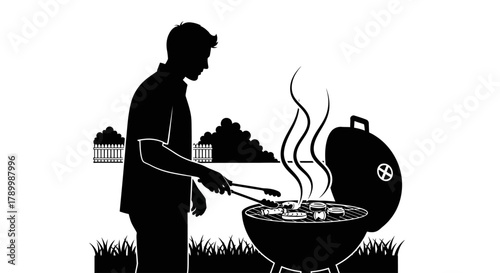 Grilling Silhouette: A person, silhouetted against a sunny outdoor scene, diligently tends to a barbeque grill, expertly using tongs to flip sizzling food