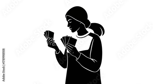 Solitary Card Game: An illustrated silhouette of a person thoughtfully considers their hand of cards, playing a solitary card game and concentrating intently. 