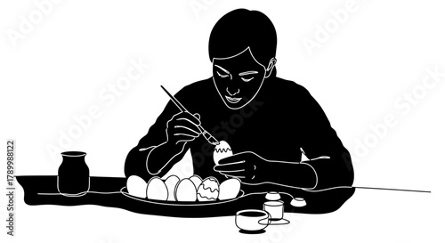 Easter Crafting: A person meticulously paints an egg with intricate designs, surrounded by a collection of decorated eggs, capturing the essence of spring and creativity.