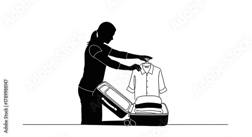 Packing Preparation Silhouette: An individual carefully organizes apparel in luggage, embarking on a journey or preparing for an adventure. Capturing the spirit of travel and anticipation.