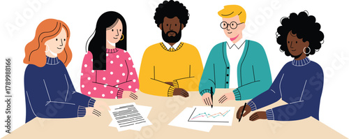 Vibrant vector illustration of a diverse, multi-ethnic business team reviewing documents and a growth graph during a collaborative meeting, symbolizing strategy and successful planning.