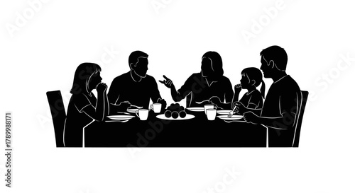 Family Dinner Silhouette: A warm silhouette portrays a family gathered around a table, sharing a meal. The scene captures the essence of togetherness, connection.
