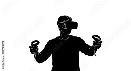 Immersive Reality: A silhouette of a person fully immersed in virtual reality, experiencing the digital world through a headset and controllers. 