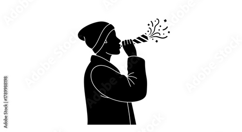 Celebratory Blast: Silhouette of a figure joyfully blowing a party horn, exuding the festive spirit of jubilation. 