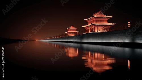 The Tang style building complex is reflected like a painting in the night