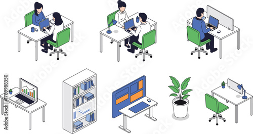 Comprehensive isometric vector illustration set of a contemporary office environment, featuring desks, employees working on laptops, a bookshelf, and modern standing desk configurations.