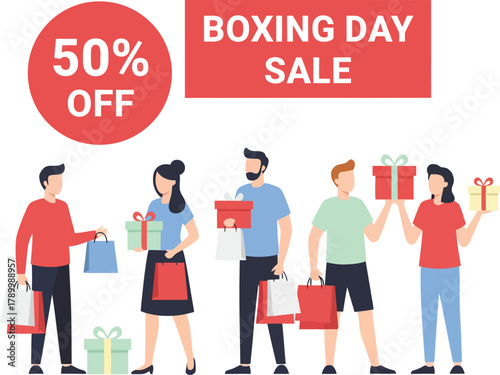 Boxing Day Sale with people holding gifts and shopping bags.