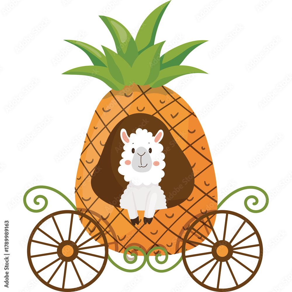 Obraz premium Cute White Llama Rides In A Pineapple Carriage with Green Swirls on Transparent Background