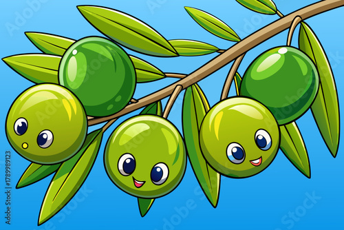 Green olives growing on slender branch with silver leaves under clear blue sky