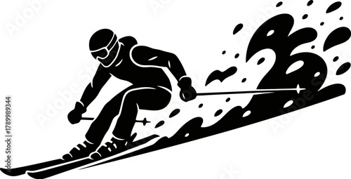 Skier silhouette going downhill, creating snow spray