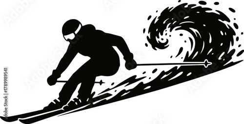 Skier silhouette going downhill, creating snow spray
