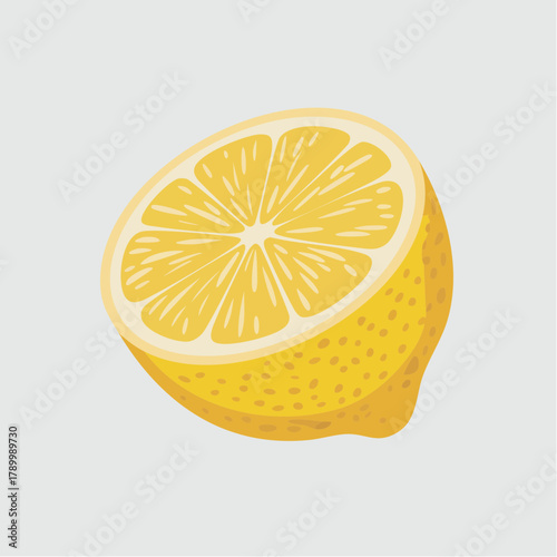 Vibrant yellow lemon half illustration showing the juicy pulp and segments on a plain background.