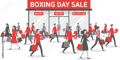 Illustration of people shopping at a Boxing Day sale at a store.