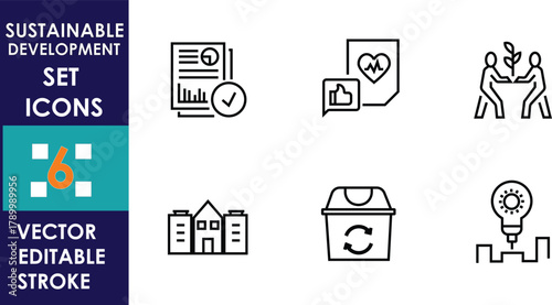 Set of six sustainable development vector icons showing health, teamwork, recycling, innovation, housing, and progress concepts with clean editable stroke line art design