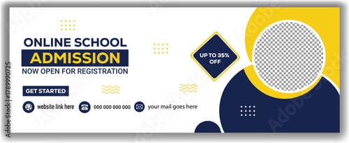 Online school admission web banner design, digital education enrollment advertisement template for registration.