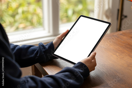 Close up of a person holding a blank white screen tablet device in their hands near a window with blurred green foliage outside