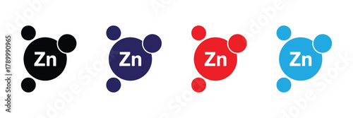 Colorful zinc element icons representing zn symbol with atomic structure, essential health mineral science concept isolated on white background
