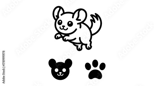 Cute cartoon chinchilla line art icon with smiling face, standing on hind legs, accompanied by a small chinchilla head and paw print vector illustration.
