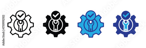 Completed service settings icon set: reliable system maintenance and verified technical support isolated on white background