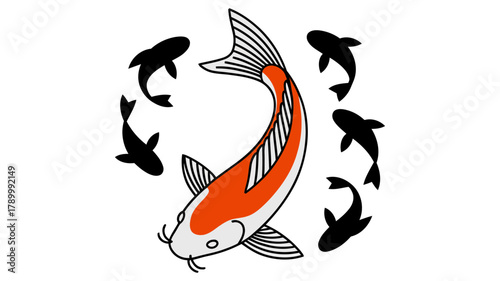 Stylized koi fish illustration with vibrant orange and white scales, elegantly depicted swimming amongst a harmonious circle of smaller black fish, symbolizing prosperity and balance in asian culture.