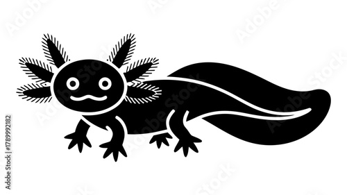 Black silhouette of a unique axolotl, an intriguing amphibian known as mexican walking fish, showcasing its distinctive external gills and tail