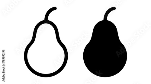 Minimalist black and white pear icons, one outlined and one solid, representing fruit, healthy eating, and simple design elements in graphic form.