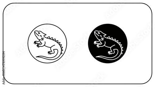 Minimalist lizard icon design set, featuring an outline reptile in two color variations for modern graphic branding and digital interfaces.
