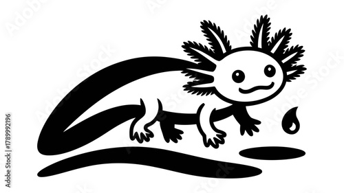 Illustrated axolotl icon, a stylized black and white aquatic amphibian with prominent feathery gills, happy expression, and small water elements.