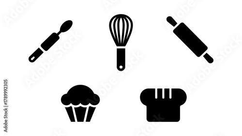 Set of black baking and pastry icons featuring essential kitchen utensils such as a whisk, rolling pin, and spatula, alongside delicious cupcake and fresh bread symbols.