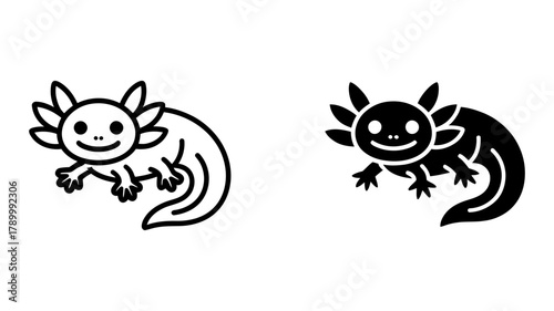 Adorable axolotl outline and solid black icon illustration set, showcasing the unique aquatic salamander creature with feathery gills and a friendly face.