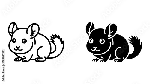 Cute cartoon chinchilla illustration set featuring an outline drawing and a solid black silhouette icon, perfect for animal designs and pet themes.