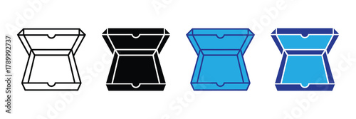 Open pizza box icon set: outline, solid black, blue fill, and outlined blue for food delivery and packaging design. isolated on white background
