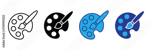 Paint palette and brush icon set in various styles, symbolizing creative art, artist tools, and design concepts. isolated on white background