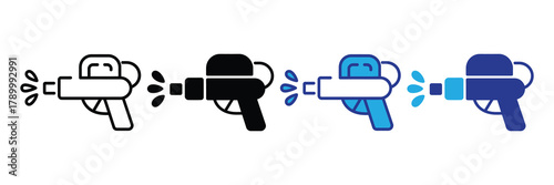 Water gun icons with various styles spraying blue water drops, symbolizing summer fun and play isolated on white background