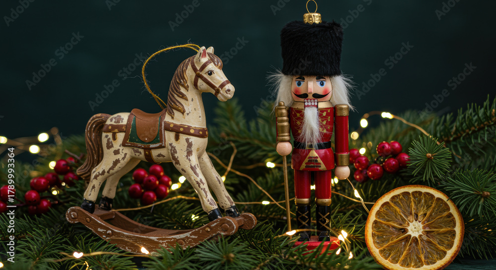 Fototapeta premium Classic nutcracker toy and vintage wooden rocking horse with christmas decorations, festive fir branches, berries, and dried orange