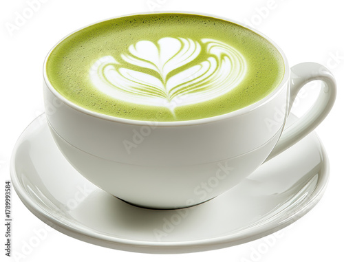 matcha latte art in a white ceramic cup isolated on transparent background
