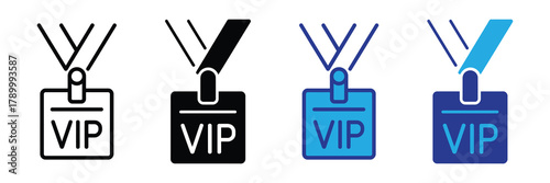 Vip badge lanyard icon set, access card identification, guest pass, event security, premium entry symbol isolated on white background