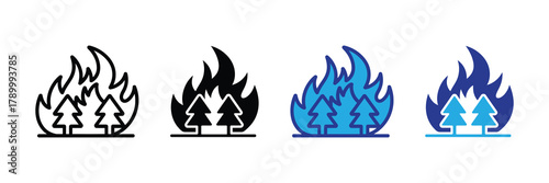 Forest fire icon set showing trees engulfed in flames, symbolizing environmental danger and destruction isolated on white background