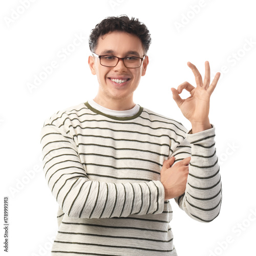 Young man in eyeglasses sho...