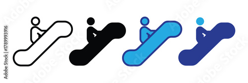 Escalator with person icon set: outline, solid black, and blue variations for upward movement symbol. isolated on white background